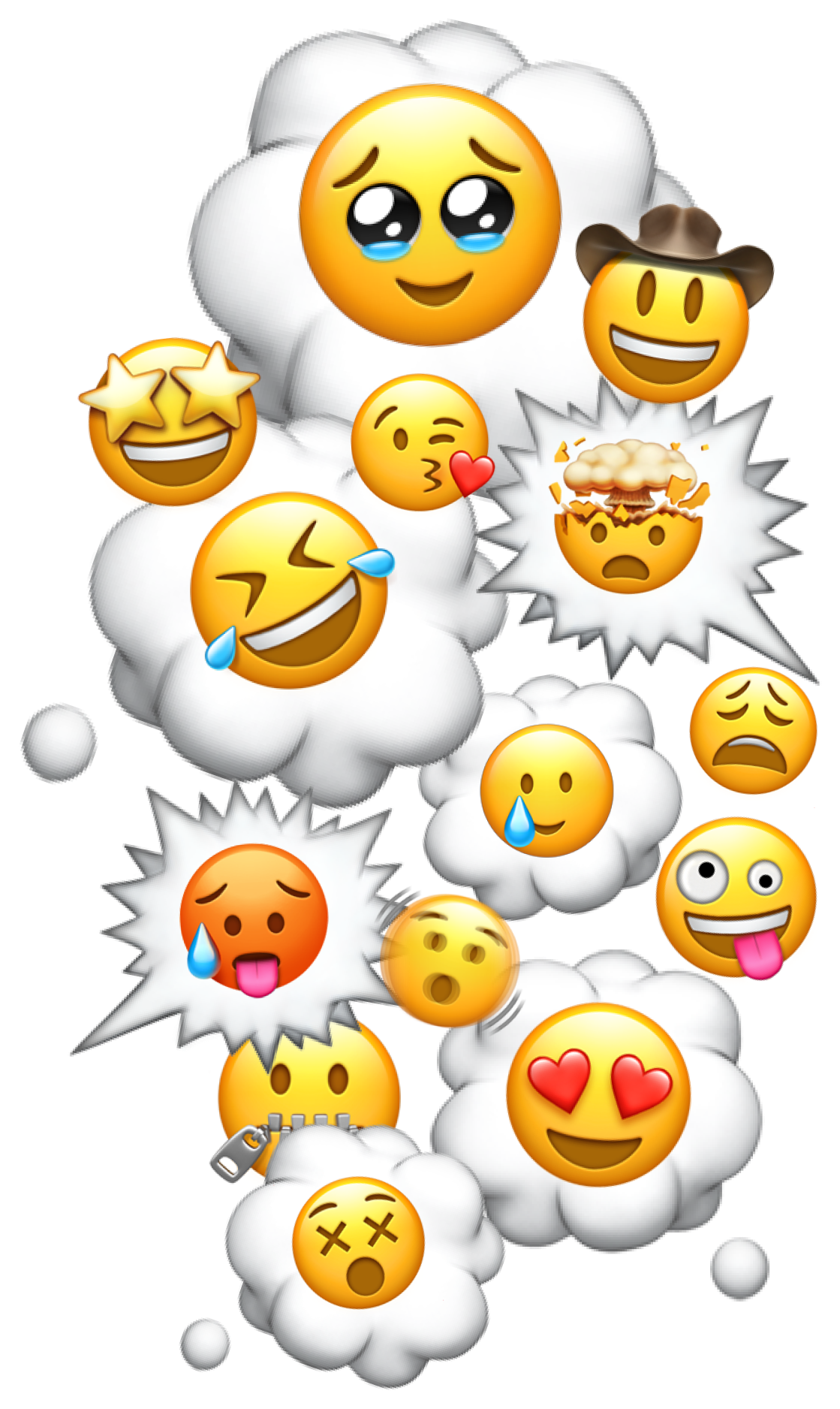 A cluster of expressive emoji, laughing, crying, star-struck and heart-eyed, floating in thought-bubble clouds and comic-style bursts.