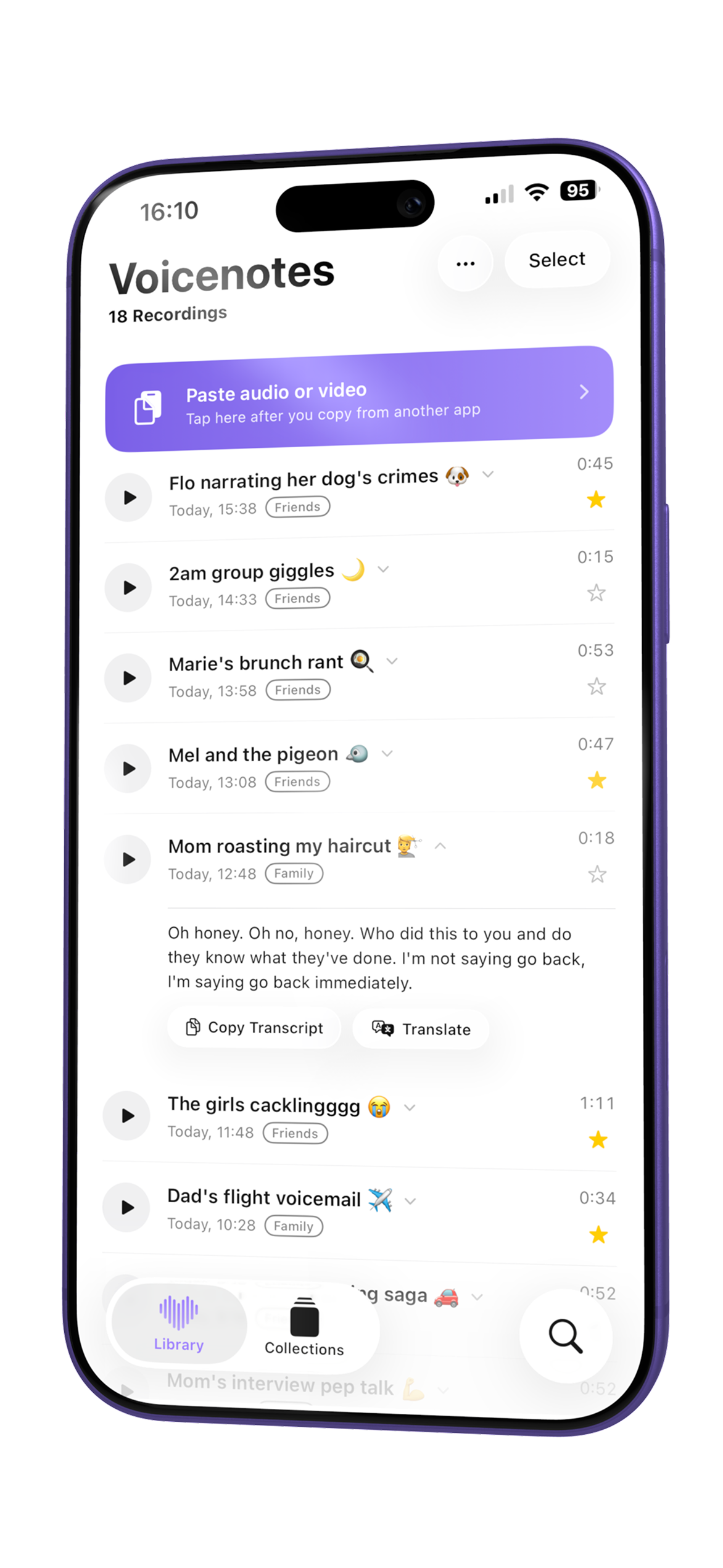 Voicenote Library on iPhone, scrolling through a library of saved voice notes with titles, folders, and a Paste audio or video banner.