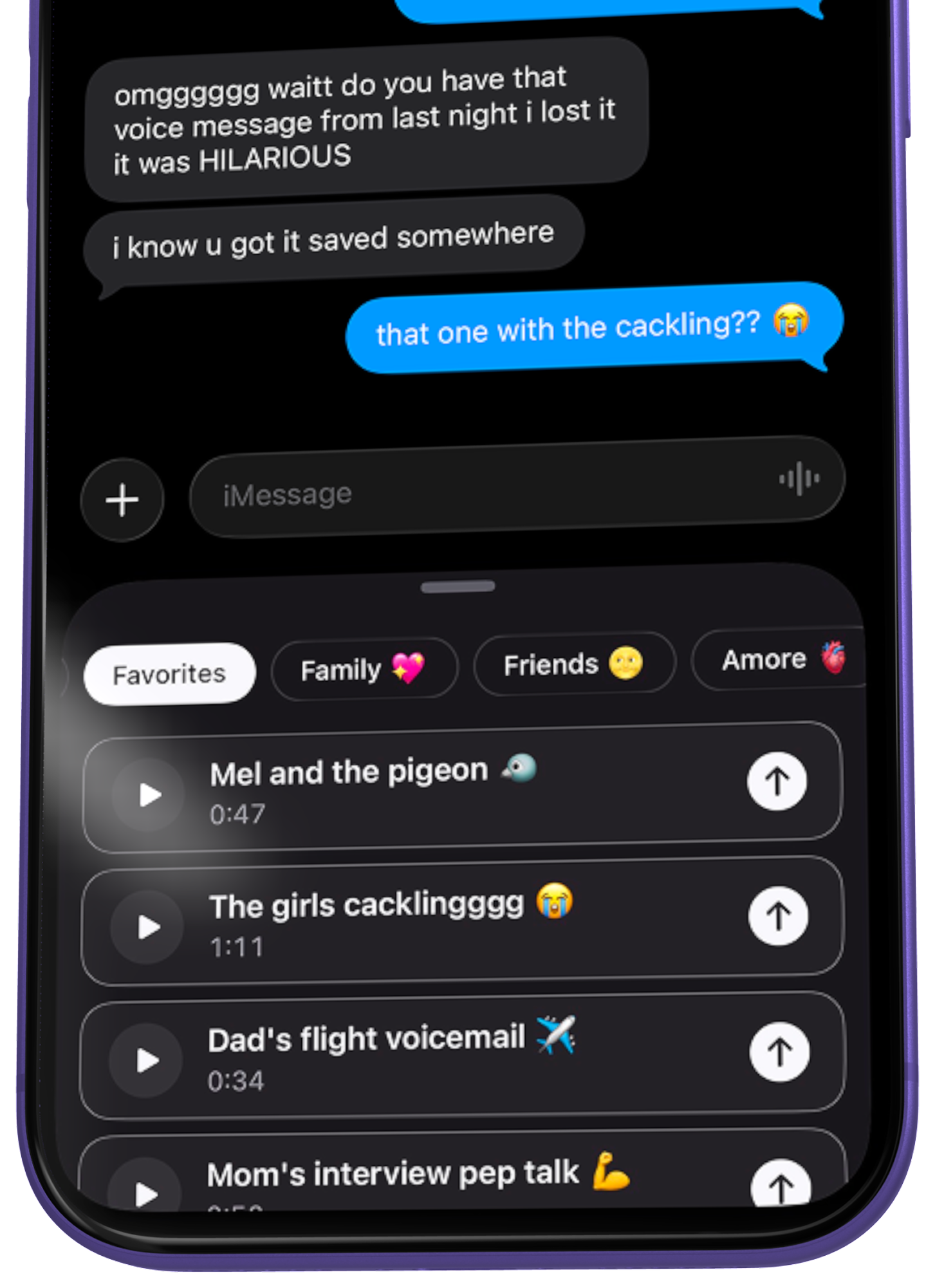 The Voicenote Library iMessage app open in a conversation, listing saved voice notes ready to send back.