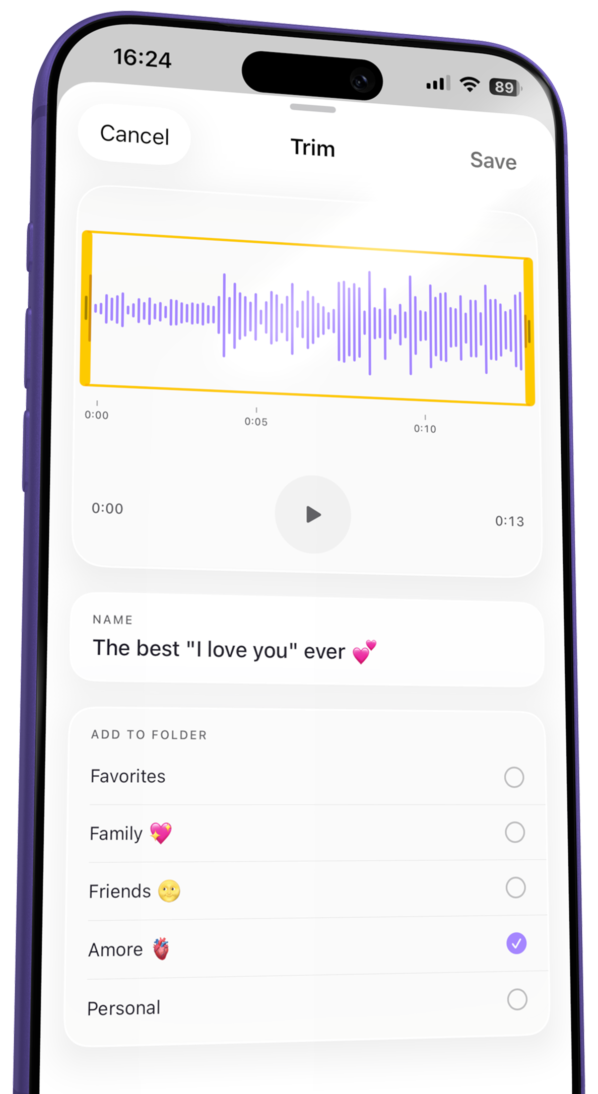 The Trim screen in Voicenote Library, naming a recording and adding it to the Amore folder.