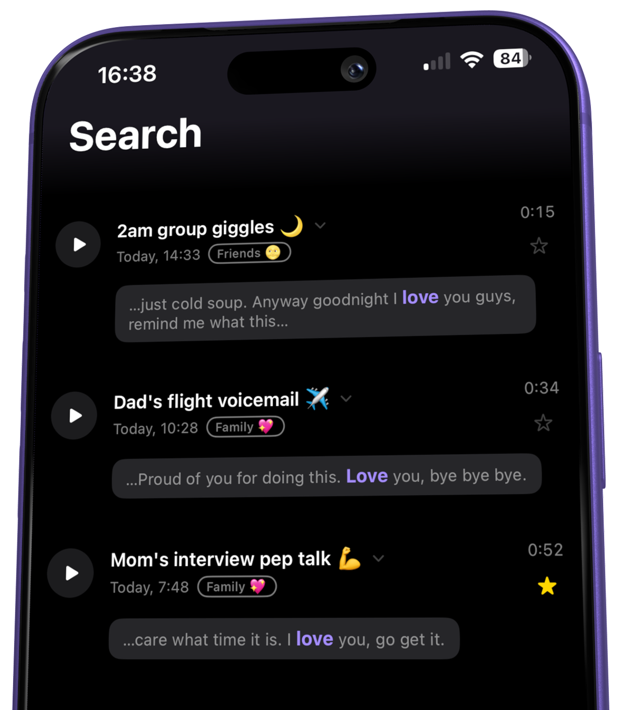 The Search screen in Voicenote Library, matching the word 'love' across several voice note transcripts.