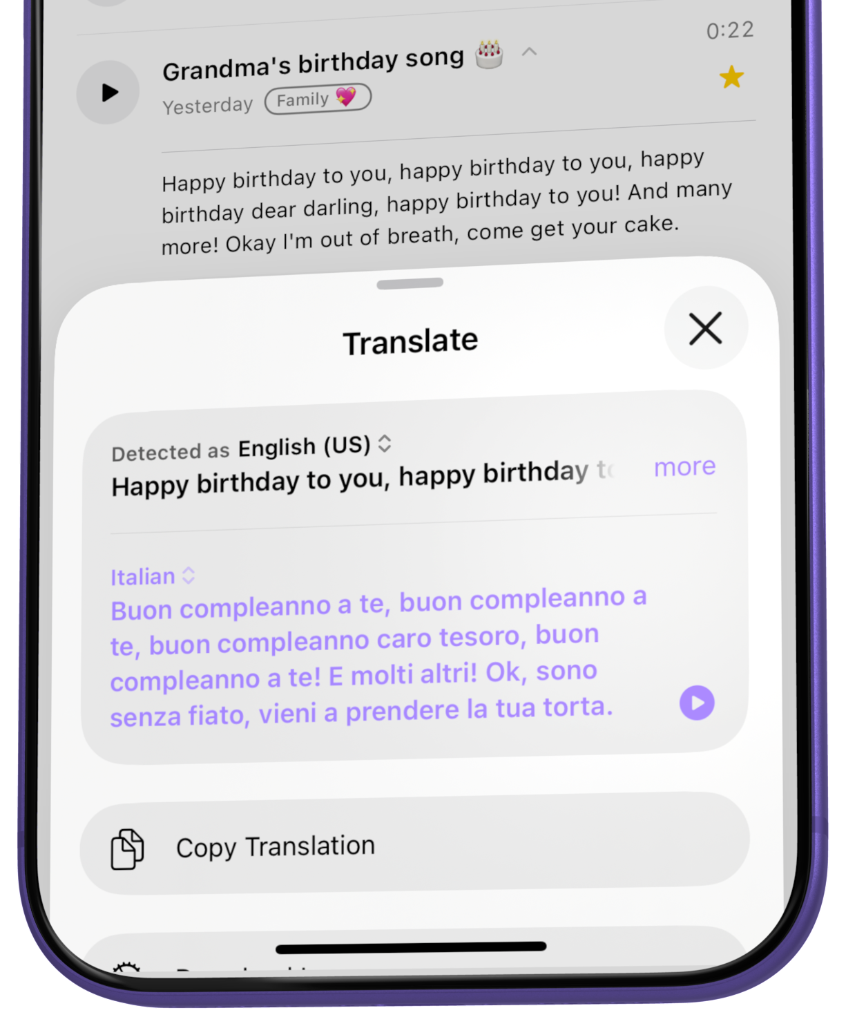 A voice note transcript translated from English to Italian.